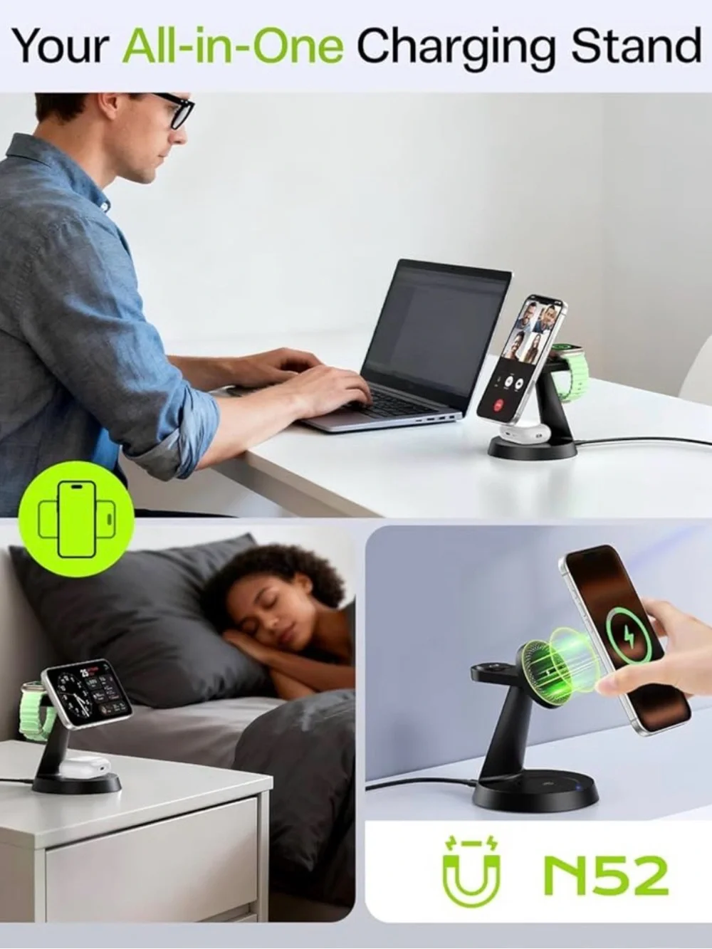 3-in-1 Magnetic Charging Stand for Phone, Watch and Earbuds - Mint Green
